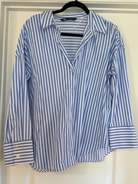 Zara Blue and White Vertical Stripe Button-Down Shirt- missing last two buttons